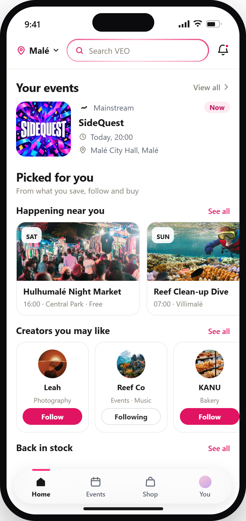 Veo App home screen showing upcoming events, nearby activities and local creators